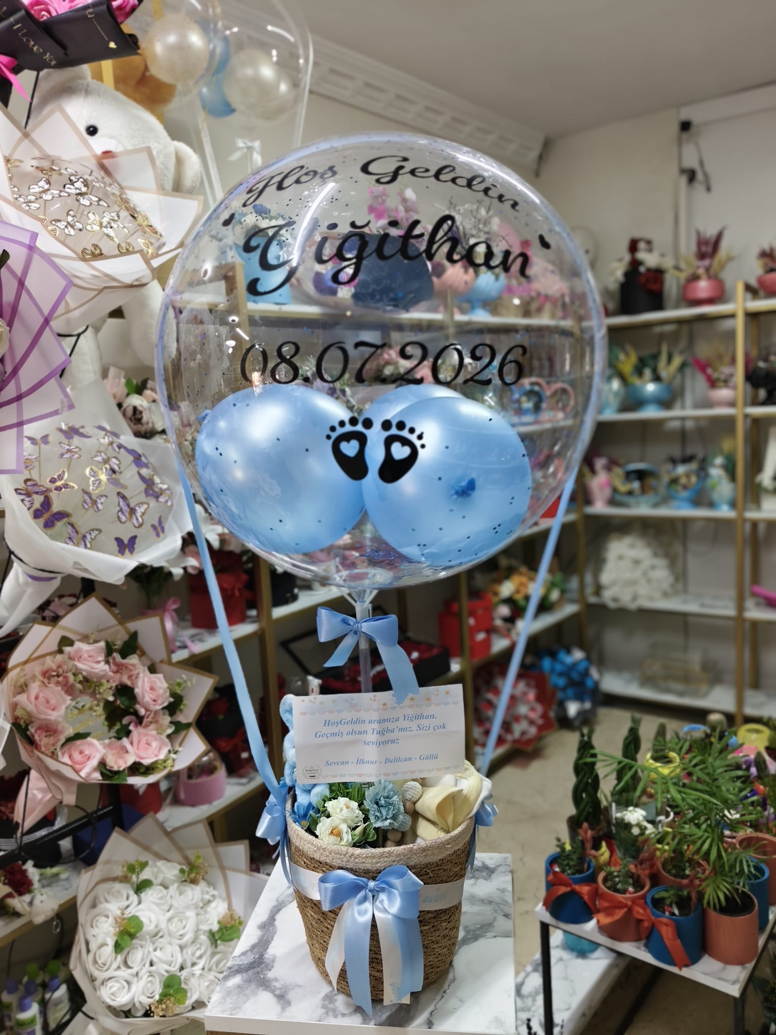 e8977ec9-81ff-46eb-a283-7ae37d53f27e-2 Sepetli yeni doğan erkek bebek balonu - Görsel 1